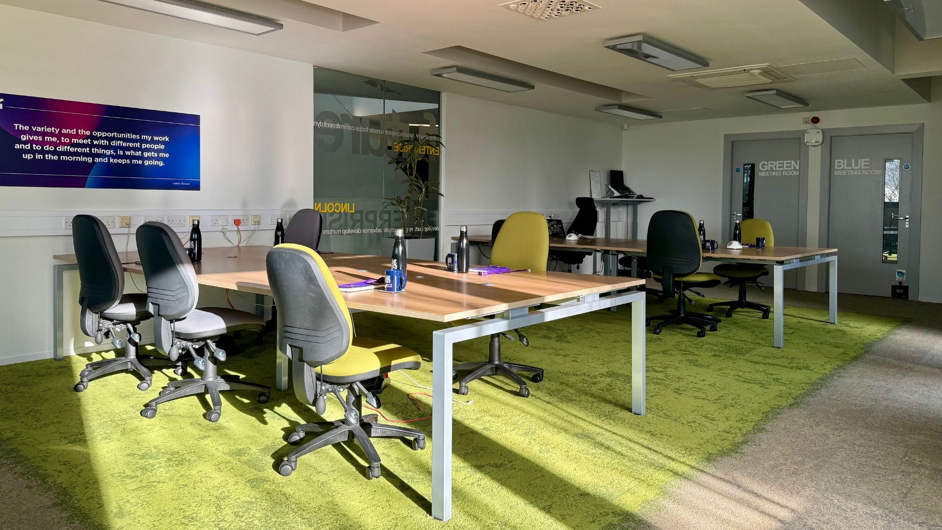 Desks and chairs in the Venture Lab co-working space
